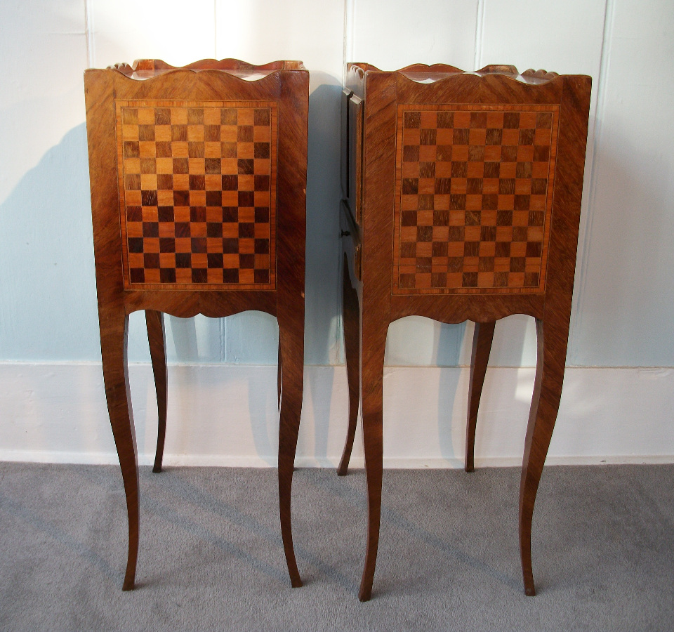 Pair of French Louis XVI style marquetry bedside cupboards